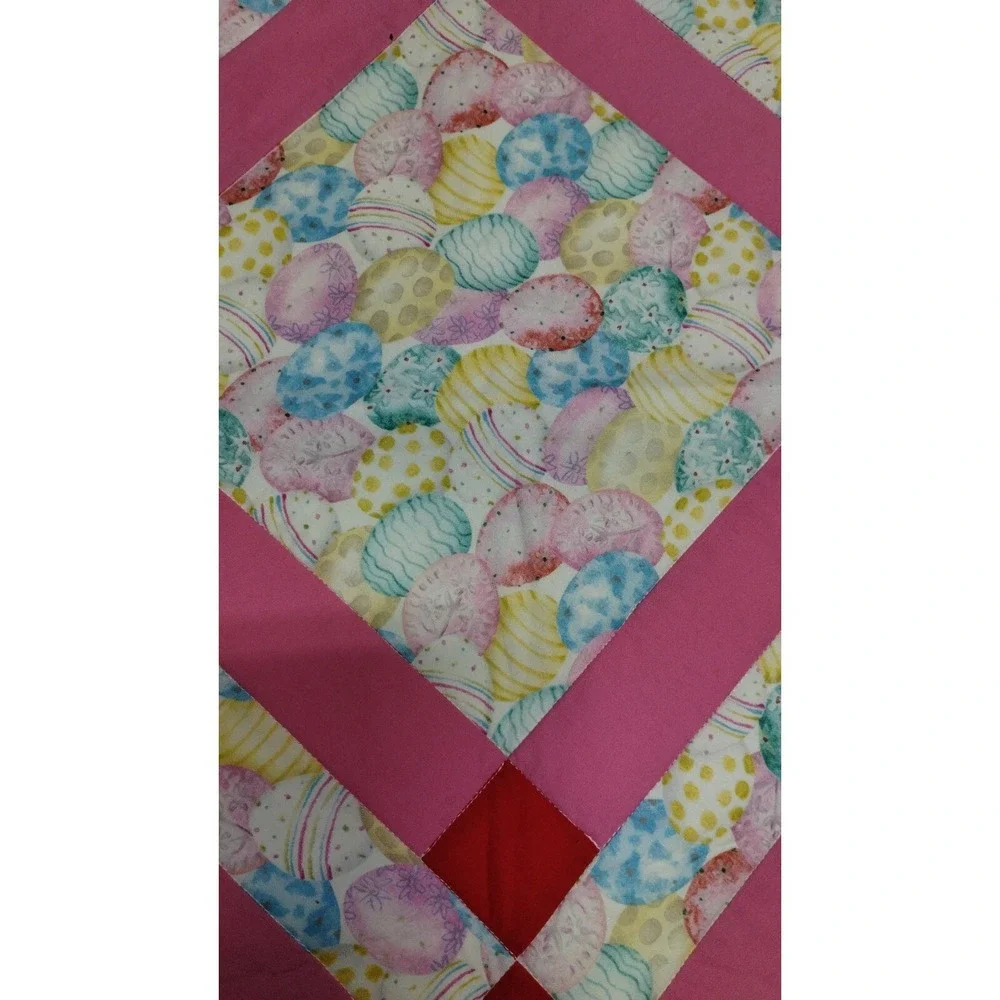 Handmade Easter‎ Table Runner Quilted Patchwork Pink Red Egg Print 46 inches